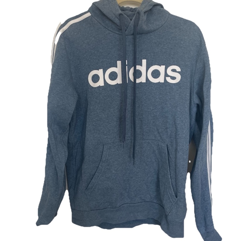 Adidas Men Medium Blue Hoodie Jumper Logo Essentials Sporty Cotton Blend Casual